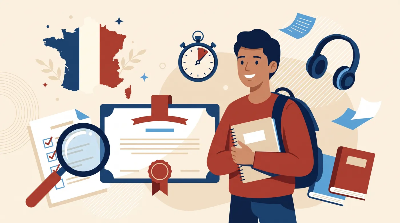 Un étudiant avec un diplôme de français, une carte de France, un chronomètre et un casque audio